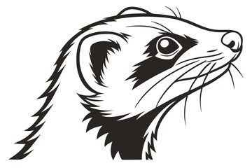 Stylized weasel face features bold lines, prominent whiskers, and captivating, dark eyes