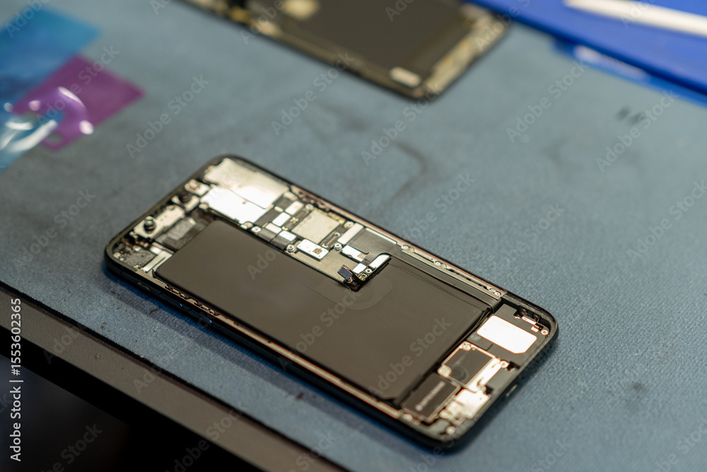 Poster technician repairing a smartphone with opened casing and visible internal components at a phone repa