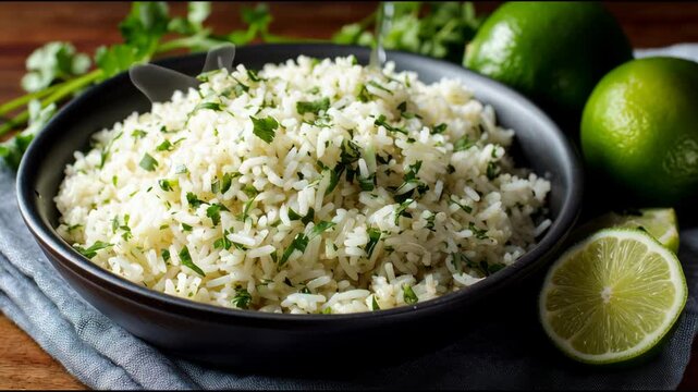 Cilantro Lime Rice in a White Bowl with Fresh Lime Wedges

