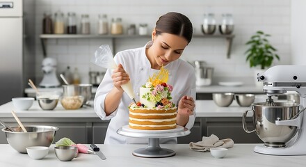 Skilled female pastry chef meticulously decorating a gourmet naked cake with buttercream flowers and spun sugar in a bright, professional kitchen. Confectioner creating a beautiful dessert.