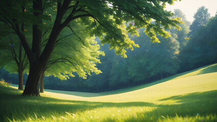 Generated illustration of beautiful lush green scenic forest landscape in the morning.