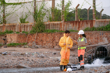 Environmental field team in protective gear analyzes water samples on a polluted beach. One holds a...