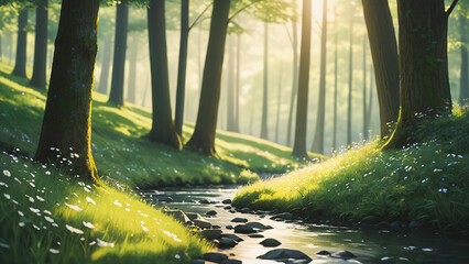 Generated illustration of beautiful lush green scenic forest landscape in the morning.