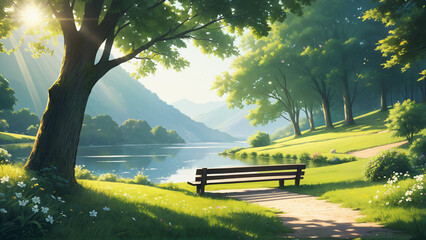 Generated illustration of beautiful lush green scenic forest landscape in the morning.