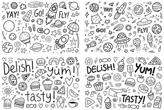 Black and white doodle illustrations of space and food elements