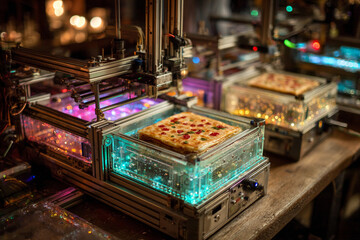Future food biotech innovation with automated machines preparing square pizzas in high tech kitchen environment glowing with colorful lights