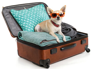 Chihuahua with sunglasses sitting in a suitcase with pillow and blanket ready for travel time