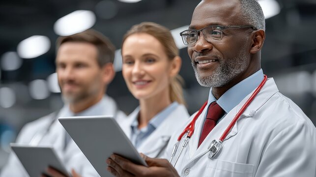 Diverse team of healthcare professionals discussing implications of advanced technology in modern medical practices and patient care