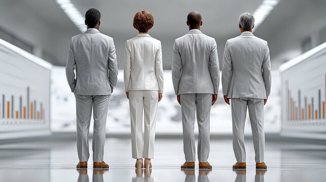 Group of Business Professionals Standing in Modern Office Space with Bar Graphs and Projected Data on Walls in Background