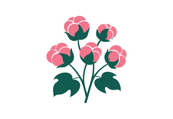 Stylized illustration of a cotton plant with pink blossoms and green leaves