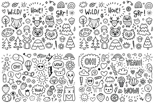 Black and white doodle art with woodland and fun elements