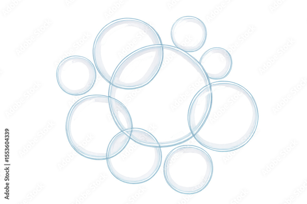 Poster cluster of transparent soap bubbles floating on a transparent background, creating a clean and ether