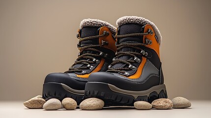 Stylish pair of black orange and grey winter boots high resolution photo sitting on rocks