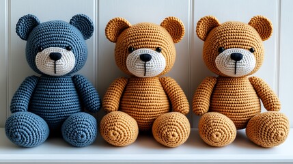 Three adorable hand crocheted teddy bears in blue and orange colors high resolution photo