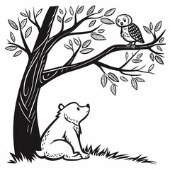 Bear Cub and Owl a small bear cub sitting under a tree with a baby owl perched on a branch above