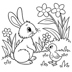 unny and Duckling a fluffy bunny and a cheerful duckling in a garden with flowers