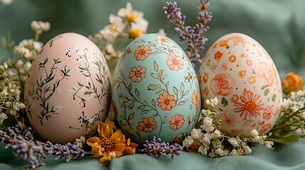 Three beautifully decorated easter eggs with floral designs surrounded by spring flowers high resolution photo