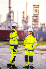 Two engineers in high-visibility safety gear and helmets conduct a field inspection at an...