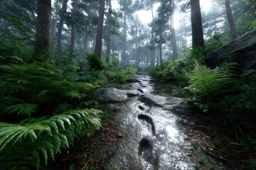 Obraz premium Footsteps along a misty forest trail surrounded by lush greenery and towering trees