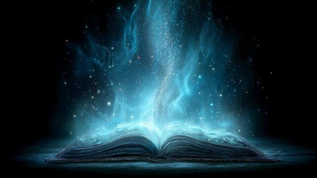 Open magical book glowing with blue light and sparkling energy waves on dark background of mystery and power