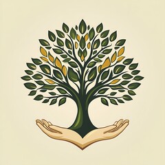 Symbolic illustration depicting a hand-held tree representing environmental protection and conservation with high resolution photo