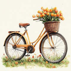 Watercolor illustration of a vintage bicycle with a wicker basket filled with orange tulips high resolution photo