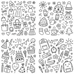Doodle Illustrations of Fashion Winter Birthday and School Supplies