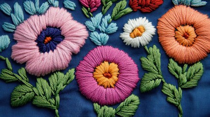 Close-up of colorful embroidered flowers on a dark blue fabric.