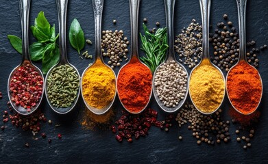 A variety of colorful spices in silver spoons arranged on the right side