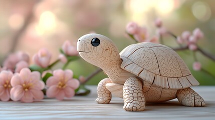 Wooden turtle sculpture beside pink cherry blossoms on a bright and spring inspired high resolution photo