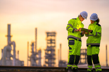 Two engineers in high-visibility safety gear and helmets conduct a field inspection at an industrial plant during sunrise, holding a tablet and measuring tools with soft pastel light background.