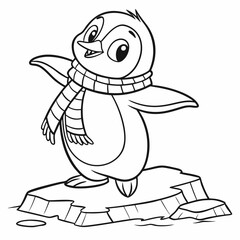  cute baby penguin with a scarf, standing on ice with tiny wings spread