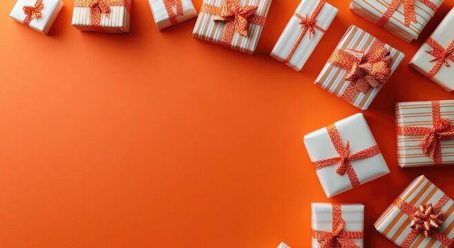White striped gift boxes on orange background with space for text, top - down view for branding.