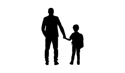 Silhouette of a father and son holding hands, standing on a plain white background.