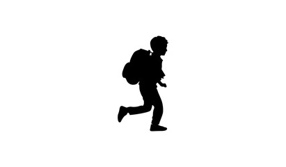 Silhouette of a child running to school with backpack.
