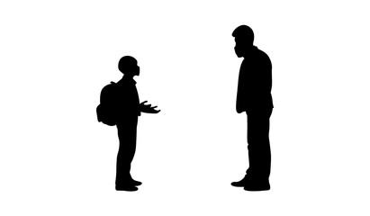A silhouette image depicts a child wearing a backpack and a face mask, and an adult also wearing a face mask, both standing apart observing social distancing protocols.