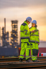 Two industrial workers in high-visibility safety uniforms discuss work plans on-site during golden hour, with a refinery or factory plant blurred in the background.