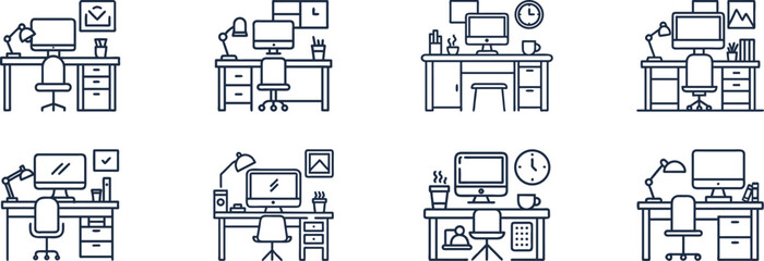Eight Line Art Office Desks with Computer Monitors and Accessories
