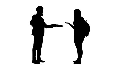 A silhouette of a businessman offering something to a student with a backpack.