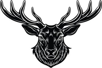 Silhouette of a majestic stag with impressive antlers gazes upwards, rendered in bold lines