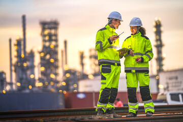 Two engineers in high-visibility suits and helmets review data on a tablet while standing in front of a refinery at sunrise, indicating teamwork and safety in a heavy industry zone.