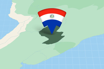 Naklejka premium Paraguay Location Highlighted on American Map with Flag Icon.