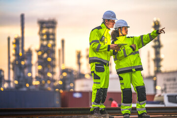 Two engineers in high-visibility suits and helmets review data on a tablet while standing in front of a refinery at sunrise, indicating teamwork and safety in a heavy industry zone.