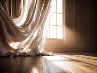 Summer breeze lifting linen curtains by window