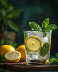 Refreshing lemon and mint iced drink in a glass, garnished with fresh mint leaves and lemon slices, on a wooden board.  Perfect for summer.