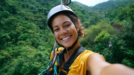 Woman enjoys ziplining adventure in lush green landscape with broad smile on her face