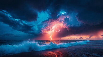 Fototapeta premium A stormy sky over the ocean with a lightning bolt in the sky