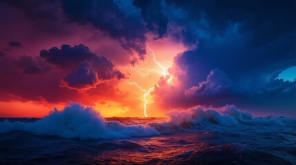 A stormy sunset over the ocean with a lightning bolt in the sky