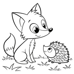 Fox and Hedgehog a curious fox gently poking a shy hedgehog with its nose, both drawn in a cute cartoon