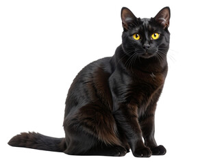 Realistic Black Cat Sitting with Alert Ears and Bright Yellow Eyes, Side View, Isolated on Transparent Background
